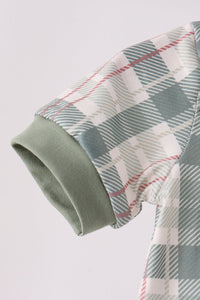 Green plaid bubble romper sleeve with solid ribbed cuff. Features festive pumpkin embroidery for cozy fall charm.