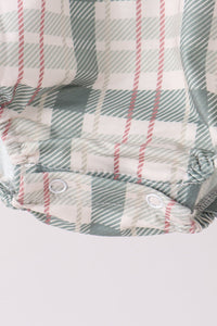 Green plaid bubble diaper with snap closure, featuring cozy fall charm and classic pattern details.