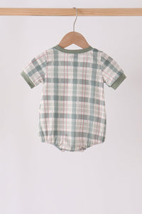 Back view of green and white plaid bubble onesie with sage trim, featuring fall charm and cozy plaid pattern for infants.