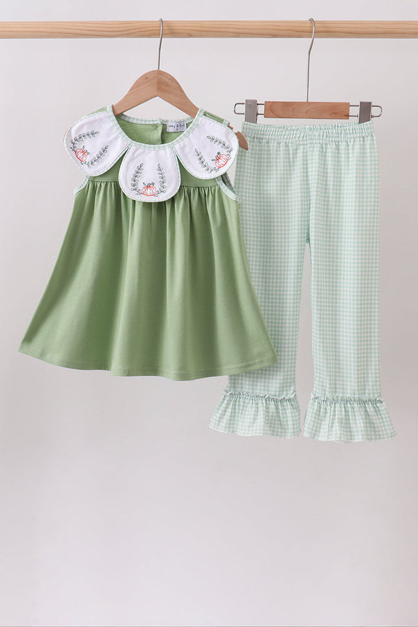 Sage Pumpkin Embroidered Ruffle Pants Set - The Palm Beach Baby