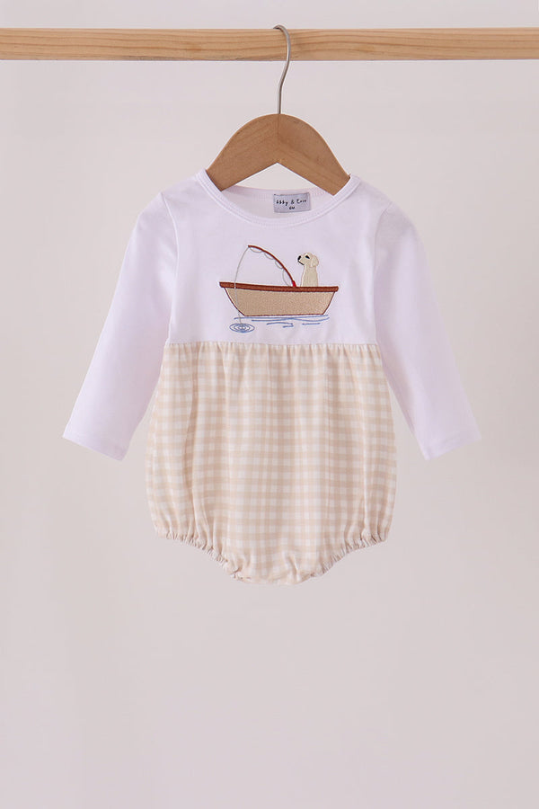 Khaki Puppy Fishing Embroidery Bubble - The Palm Beach Baby