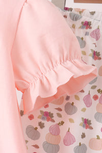 Pink pumpkin bow applique ruffle pants set