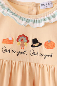 God is great god is good embroidery ruffle pants set