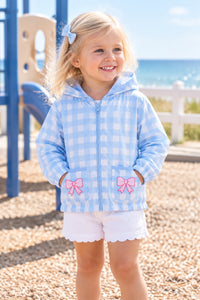 Blue Bow Hooded Embroidered Gingham Raincoat