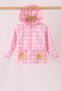 Pink floral embroidery gingham raincoat