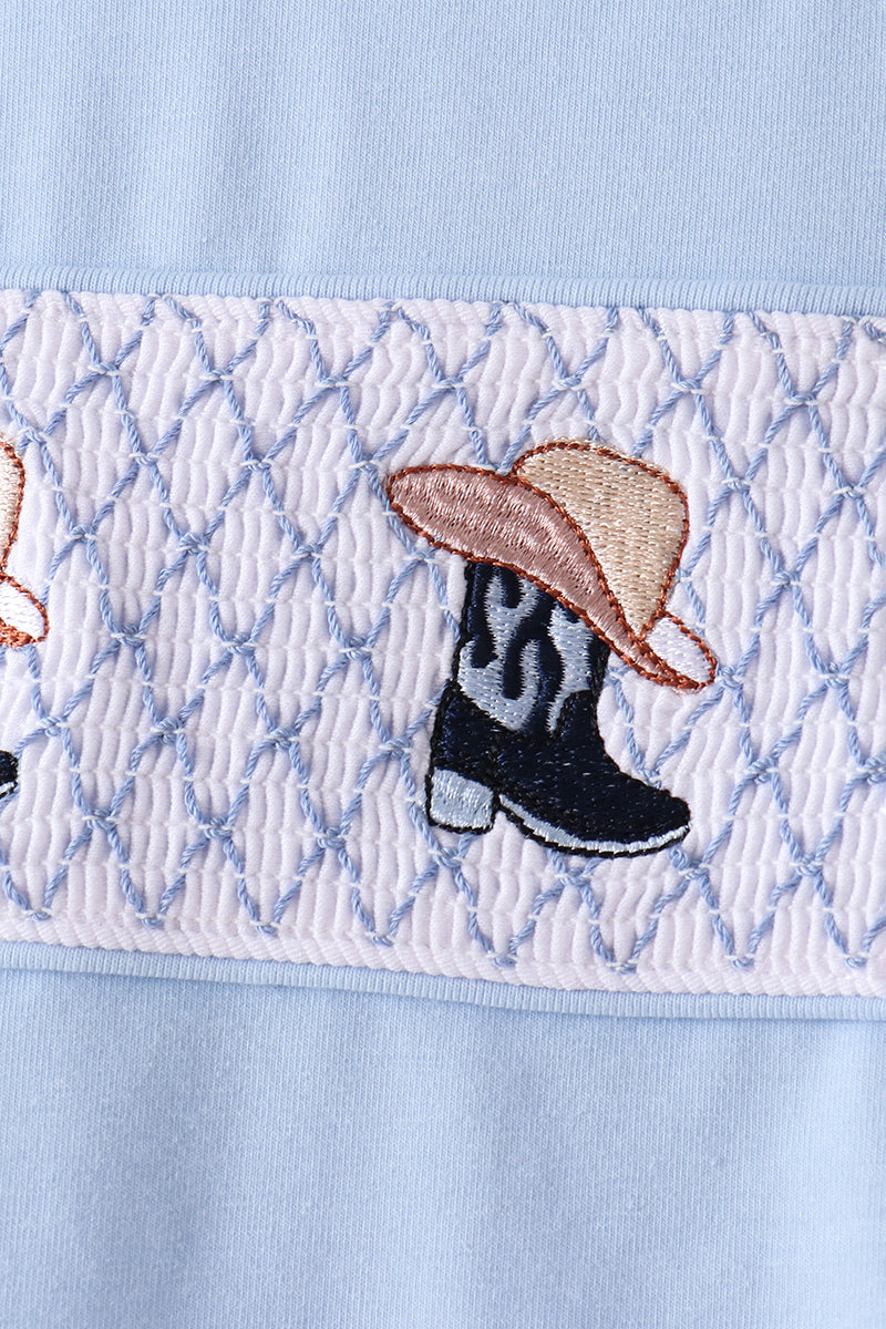 Blue Cowboy Smocked Pants Set for Trendy Outfits
