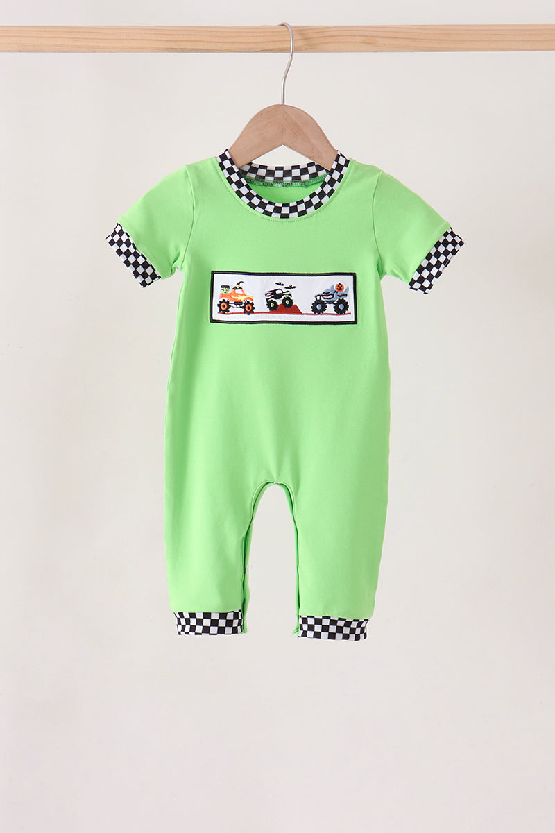Green Car Embroidered Checkered Romper