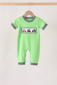 Green Car Embroidered Checkered Romper - The Palm Beach Baby