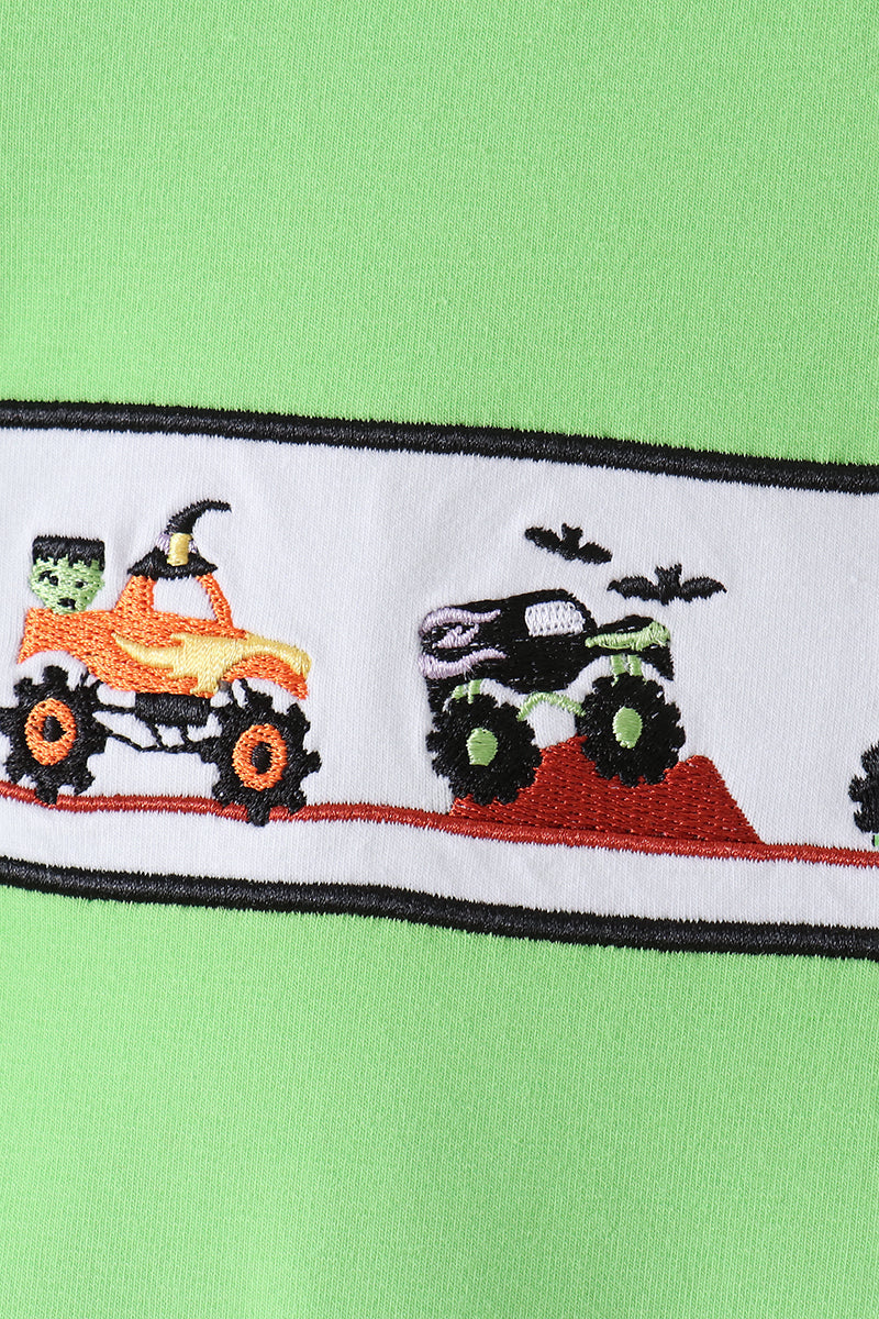 Green Car Embroidered Checkered Romper