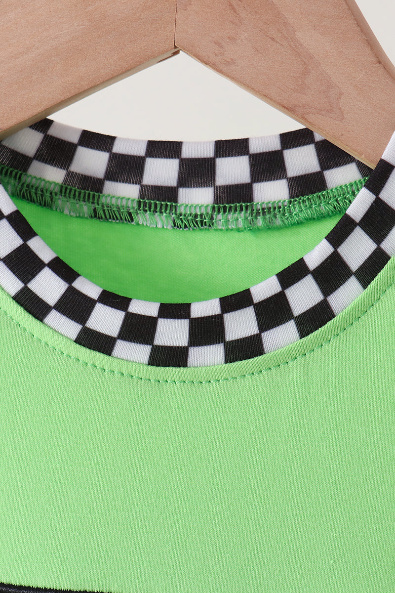 Green Car Embroidered Checkered Romper