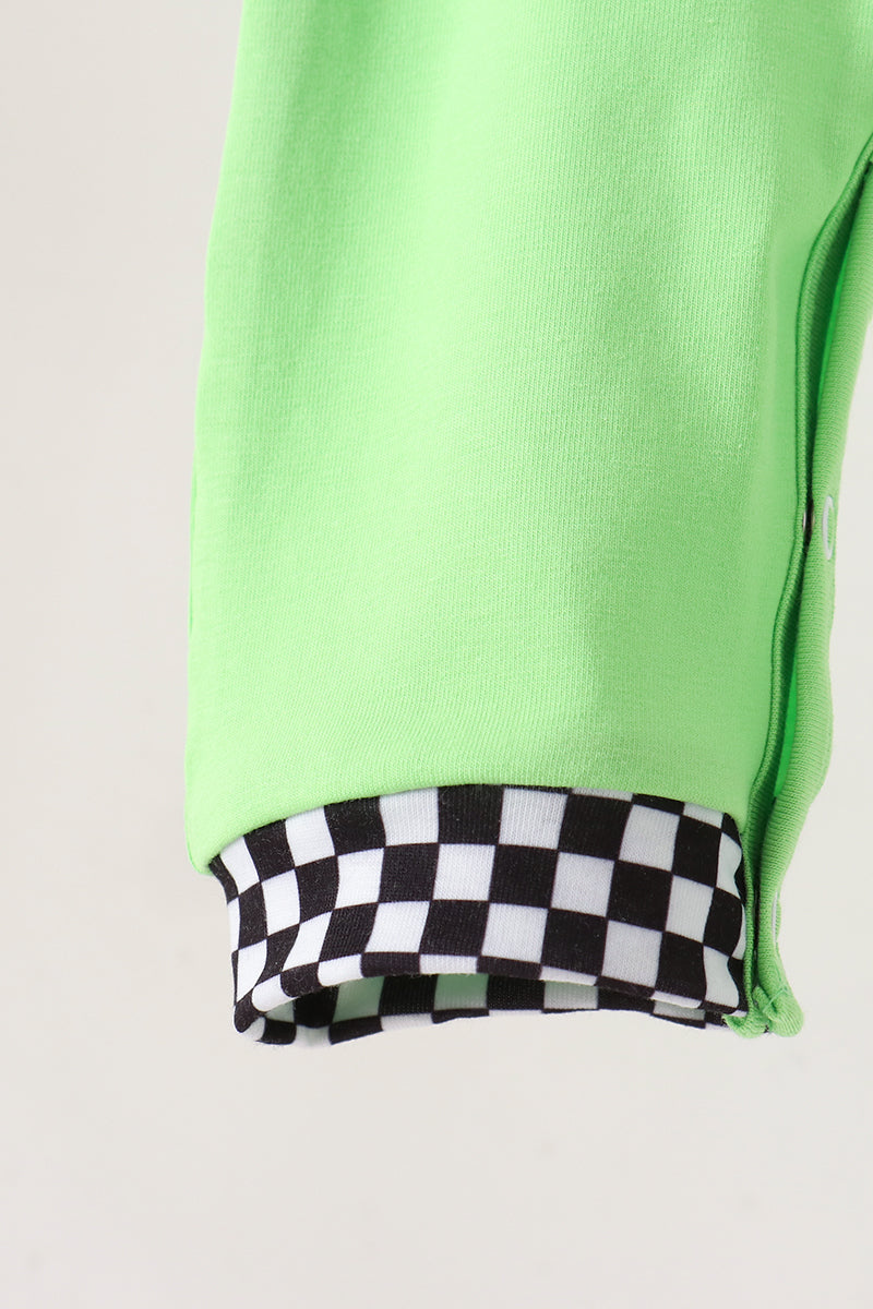 Green Car Embroidered Checkered Romper