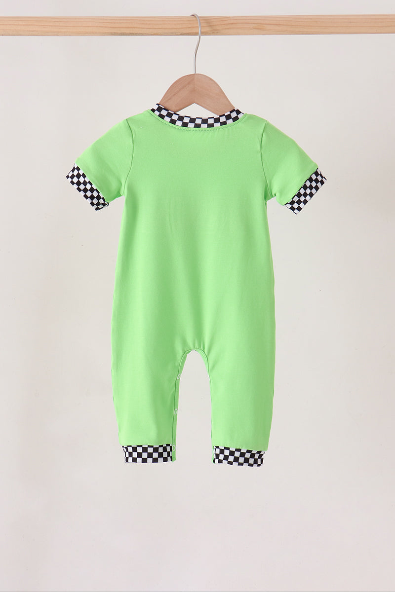 Green Car Embroidered Checkered Romper