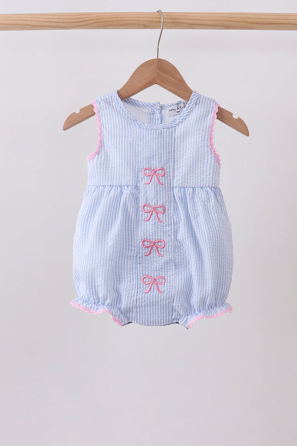 Blue Bow Embroidered Stripe Bubble romper with blue-and-white stripes, pink bows, and pink trim.