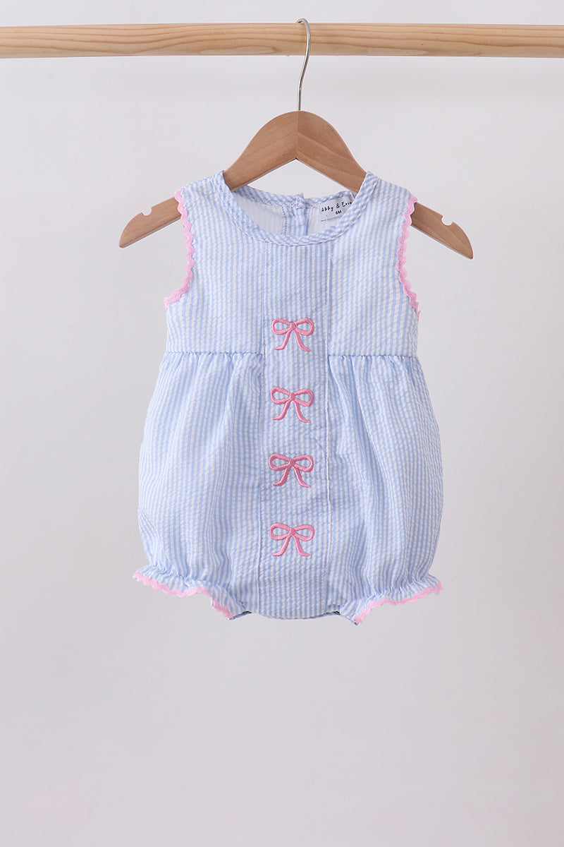 Blue Bow Embroidered Stripe Bubble romper with blue-and-white stripes, pink bows, and pink trim.