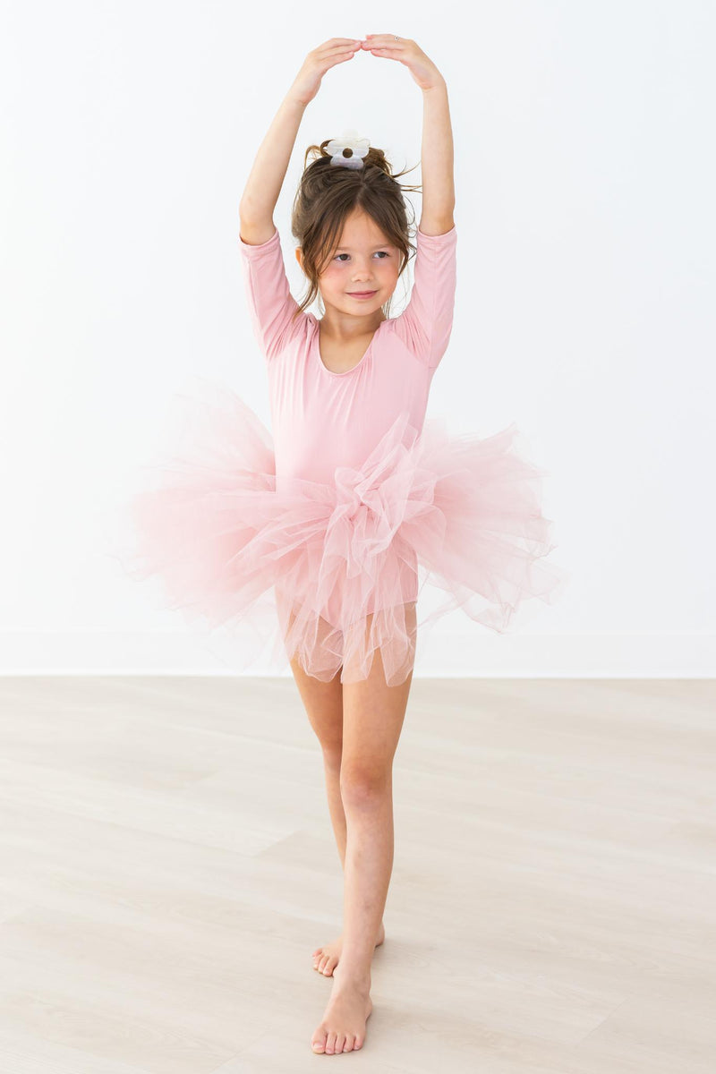 Vintage Pink 3/4 Fluffy Tutu Girls Dance Leotard with ruffles highlighting its charming and delightful design.