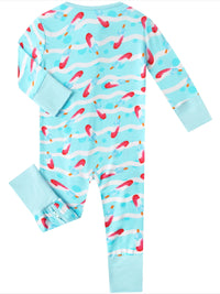 Children's onesie with colorful fish pattern on a light blue background