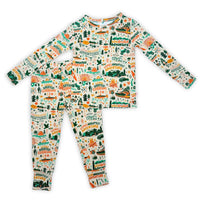 The Second-Skin 2-Piece Long Sleeve Pajama set with hand-drawn colorful adventure print for parents.