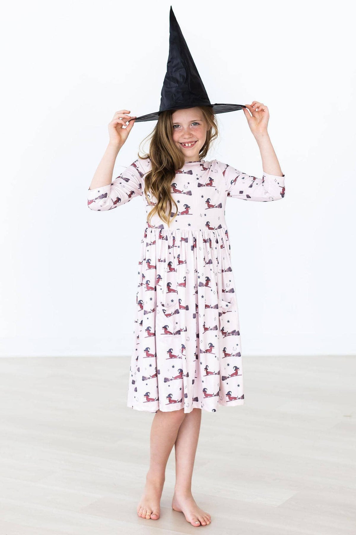 Happy Howl-oween 3/4 Sleeve Twirl Dress with Pockets for Kids - Fun & Comfortable Halloween Outfit - The Palm Beach Baby