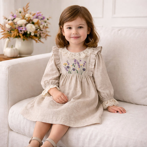 Embroidered Wildflower Linen Dress With Lace Trim - The Palm Beach Baby
