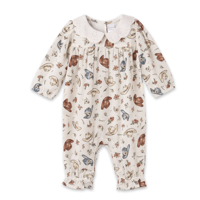 Larkspur Prairie Linen Western Romper With Eyelet Collar - The Palm Beach Baby