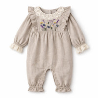 Embroidered Wildflower Linen Baby Romper With Lace Trim - The Palm Beach Baby