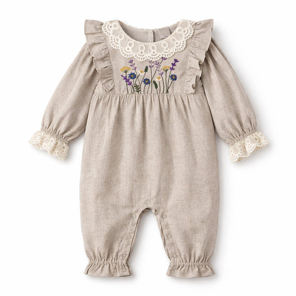 Embroidered Wildflower Linen Baby Romper With Lace Trim - The Palm Beach Baby