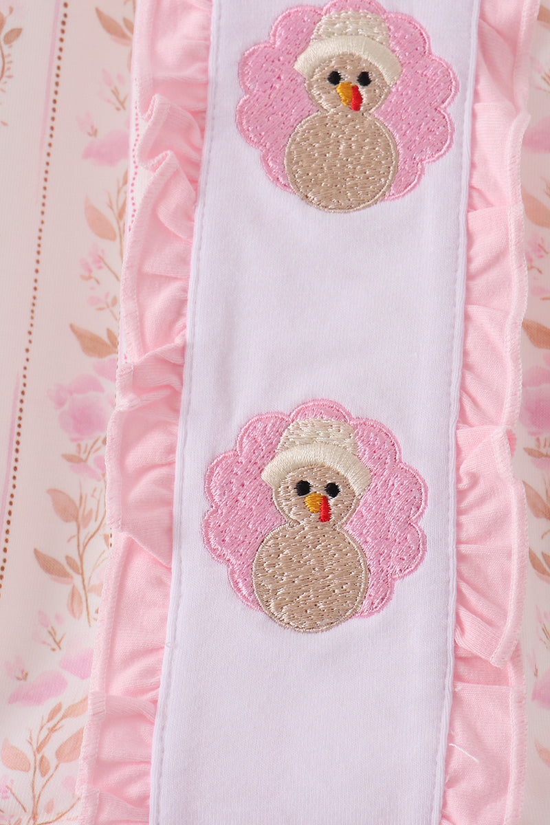 Pink Floral Turkey Embroidered Ruffle Bubble