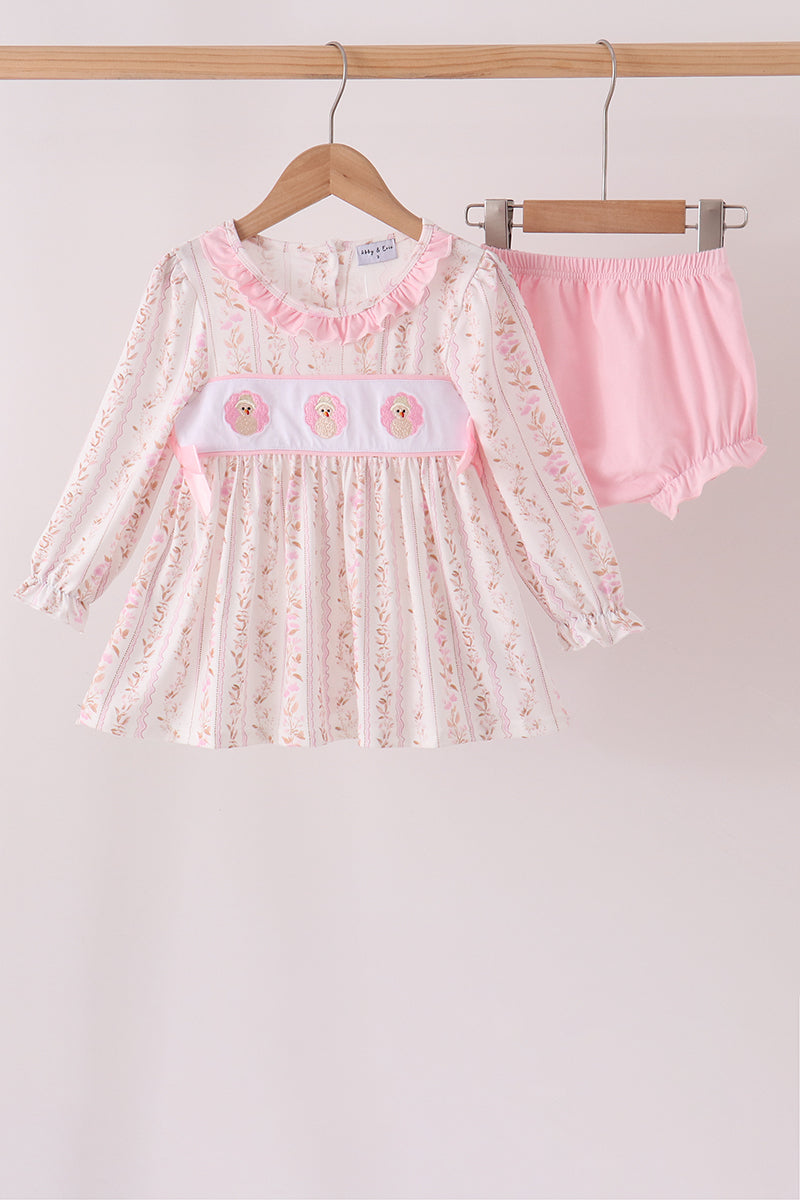 Pink Floral Turkey Embroidered Ruffle Bloomer Set