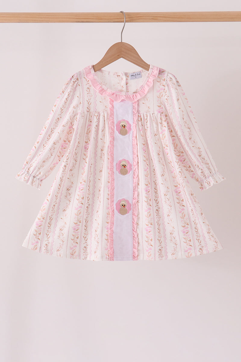 Pink Floral Turkey Embroidered Ruffle Dress