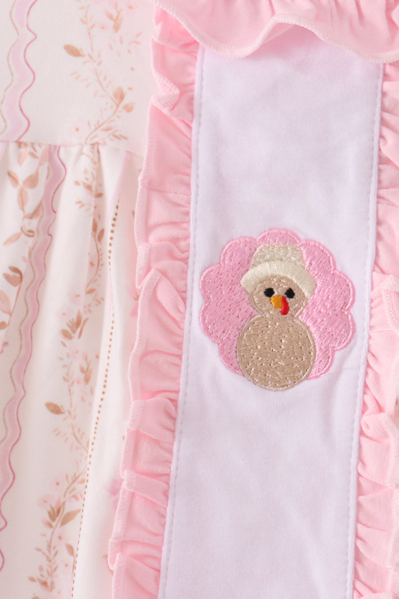 Pink Floral Turkey Embroidered Ruffle Dress