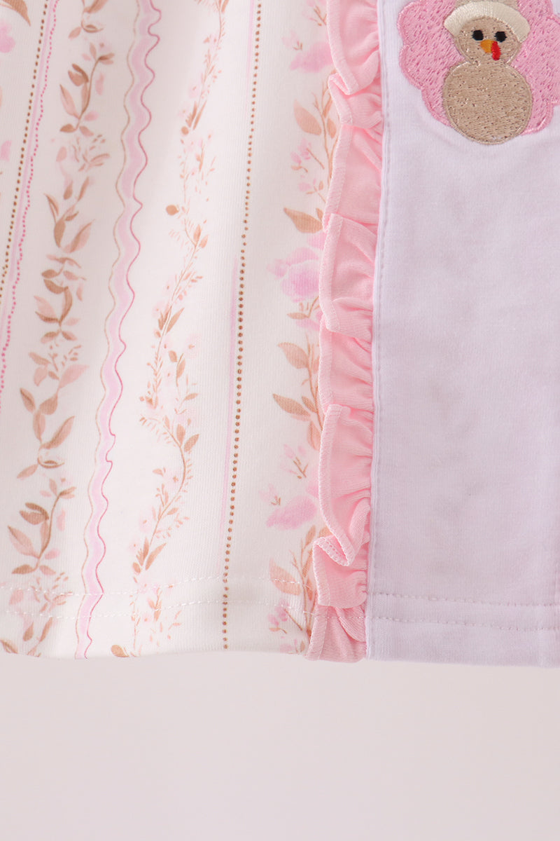 Pink Floral Turkey Embroidered Ruffle Dress