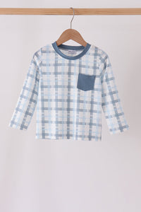 Blue plaid pocket top with white base, blue ribbed crew neck, and left chest patch pocket on wooden hanger