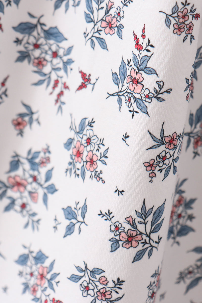 Teal floral mom dress fabric detail featuring pink flowers and blue botanical print on white background.