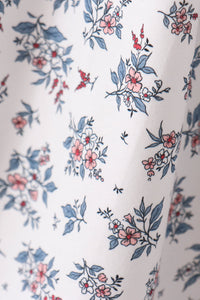Teal floral mom dress fabric detail featuring pink flowers and blue botanical print on white background.
