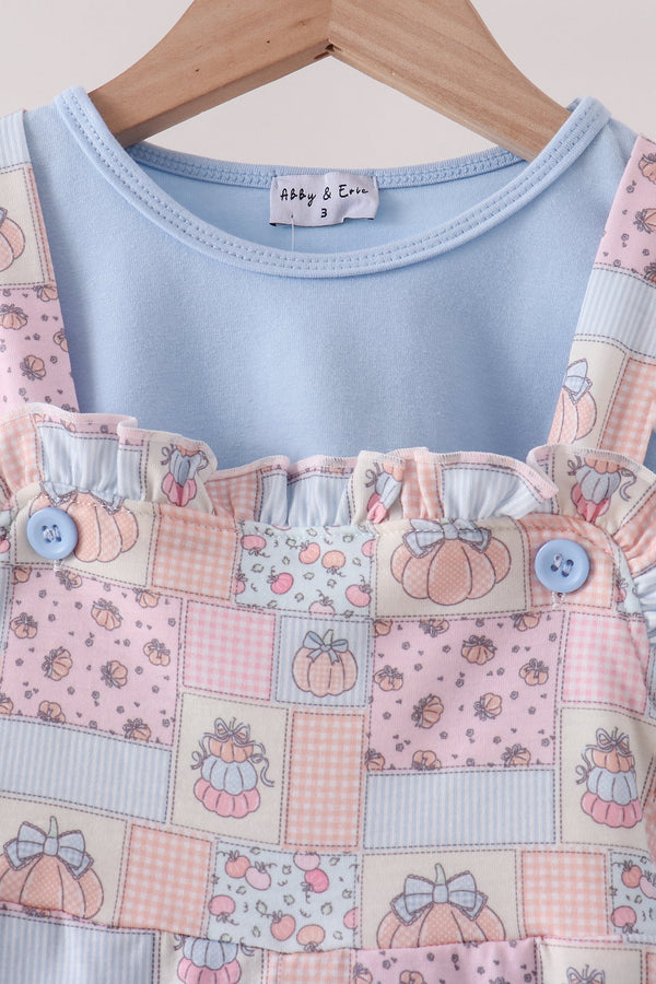Pink pumpkin patchwork ruffle 2pc set with blue buttons and soft pink fall-themed print for girls.