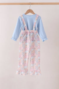Pink pumpkin patchwork ruffle 2pc set for girls, featuring blue long-sleeve top and matching suspender pants with ruffled details.