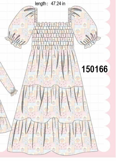 A vintage sewing pattern illustration of a tiered dress with puff sleeves, featuring a floral and geometric print in pastel pink, blue, and yellow on a white background with printed text showing the length and pattern number 150166.