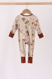 Brown goose print bamboo zipper romper
