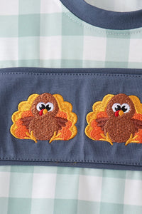 Sage Turkey Embroidery Gingham Pants Set