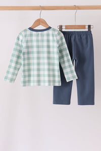 Sage Turkey Embroidery Gingham Pants Set