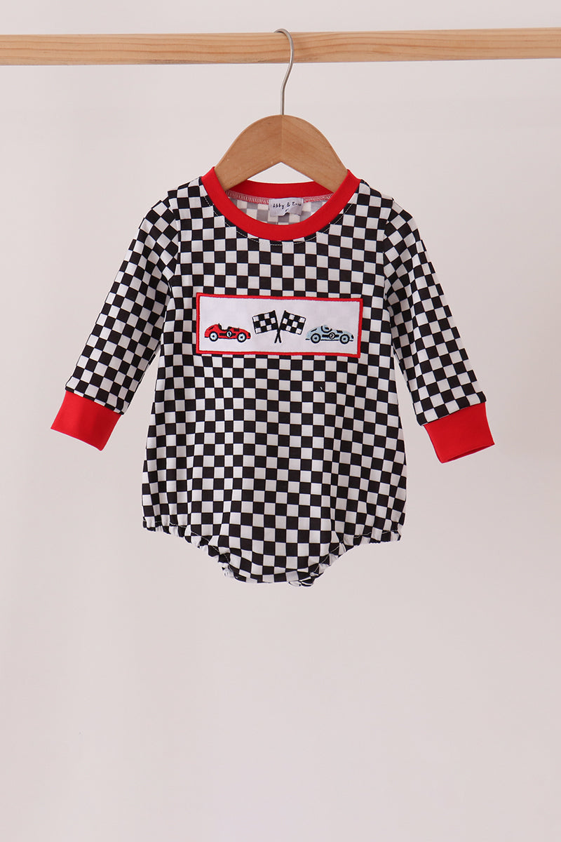 Baby Black Car Embroidery Checkered Bubble Outfit - The Palm Beach Baby