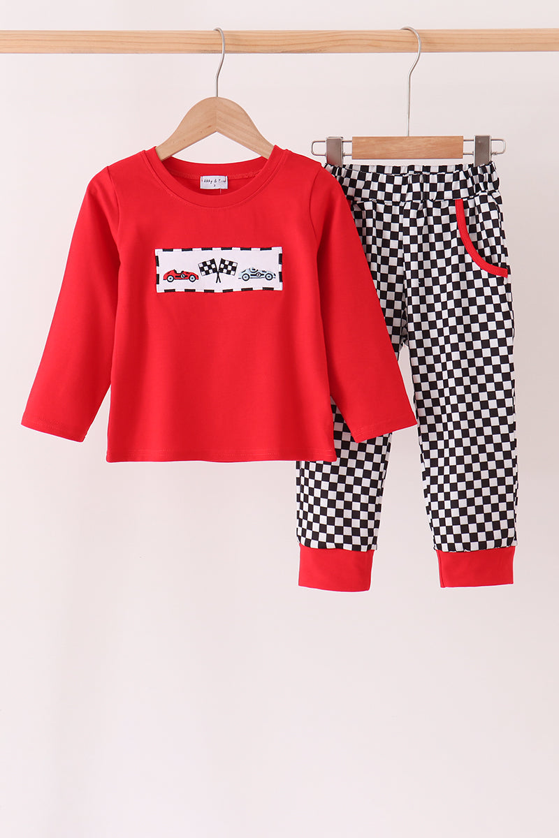 Black Car Embroidered Checkered Pants Set - The Palm Beach Baby