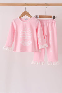 Pink skeleton print ruffle pants set