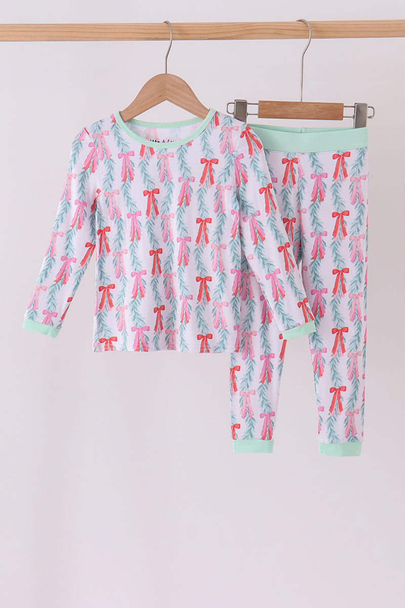 Green bow christmas tree bamboo pants set - The Palm Beach Baby