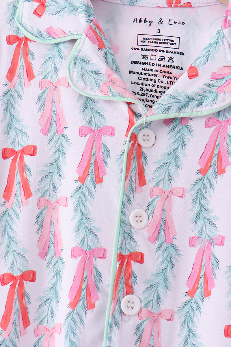 Green Bow Christmas Tree Bamboo  Pajama Set - The Palm Beach Baby