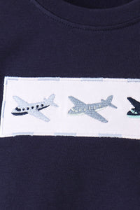Navy Airplane Embroidery Pants Set