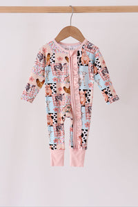 Pink Farm Animals Zip Bamboo Romper