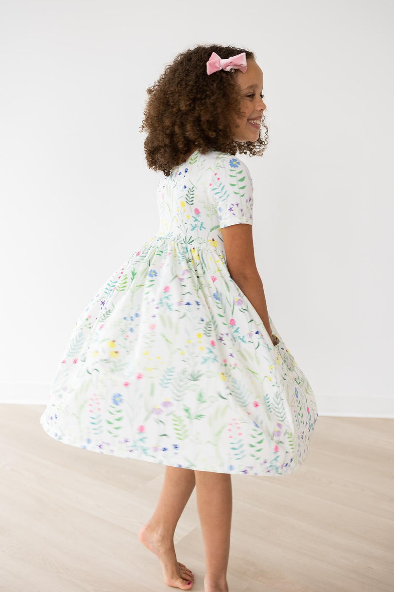 Spring Dandelion Floral Short Sleeve Pocket Twirl Dress