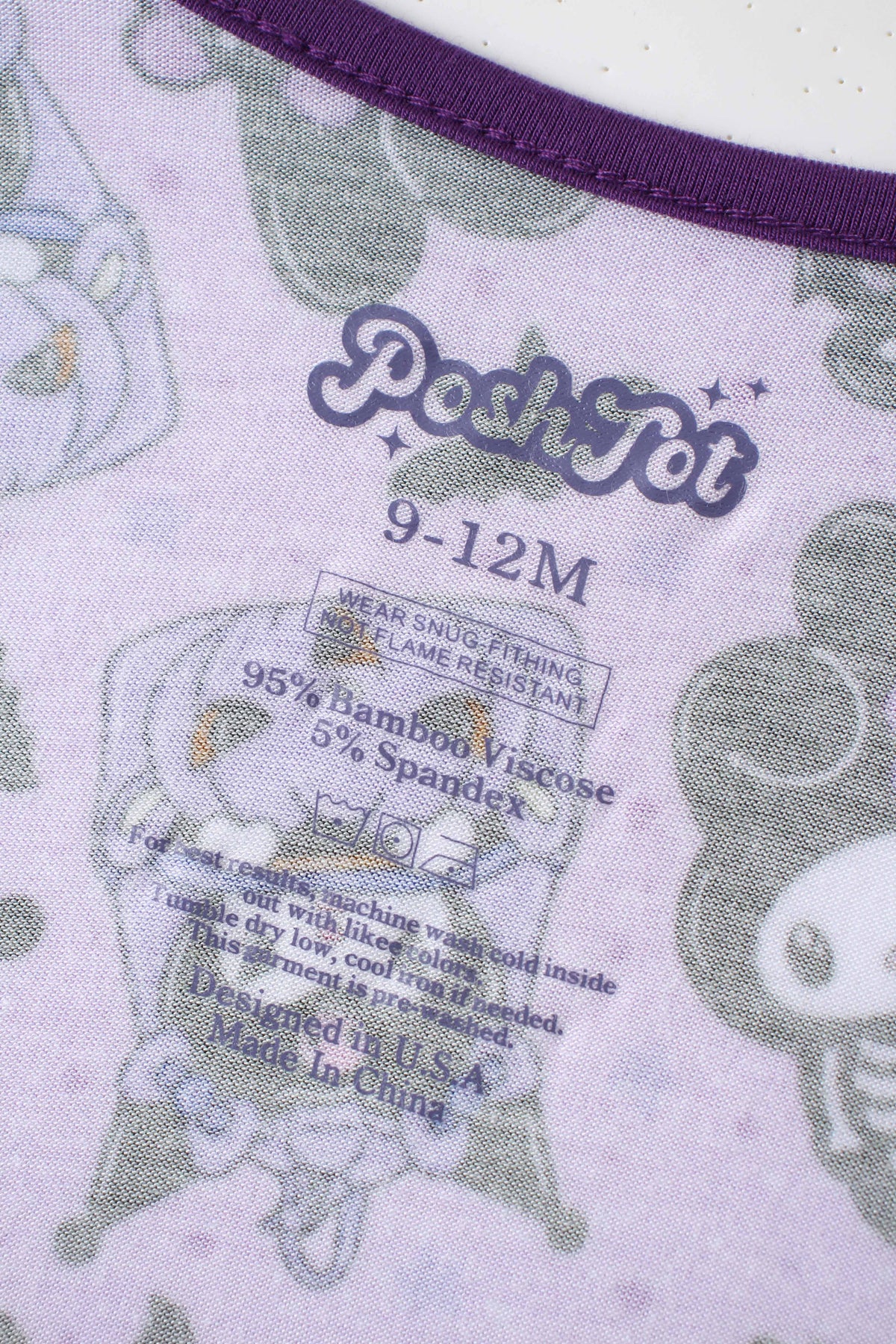Inner neck label showing PoshTot logo, size 9-12M, care instructions, and snug fit warning