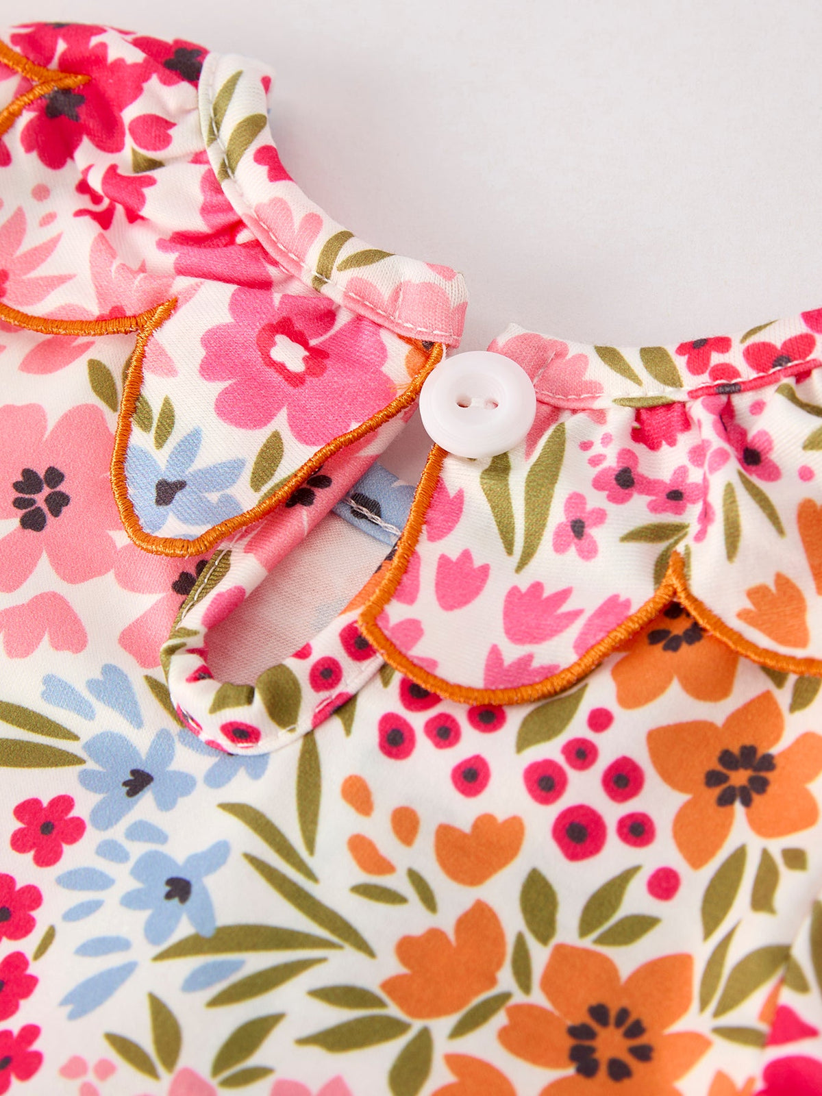 Fall pumpkin bow smock romper for baby girl with embroidered floral print and orange trim